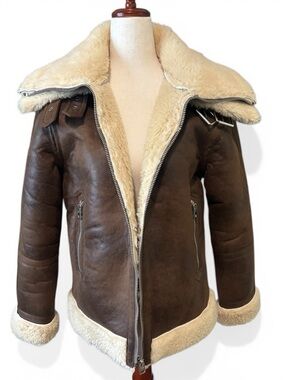 Topshop Faux Brown Leather / Shearling Aviator Jacket Moto Coat XS